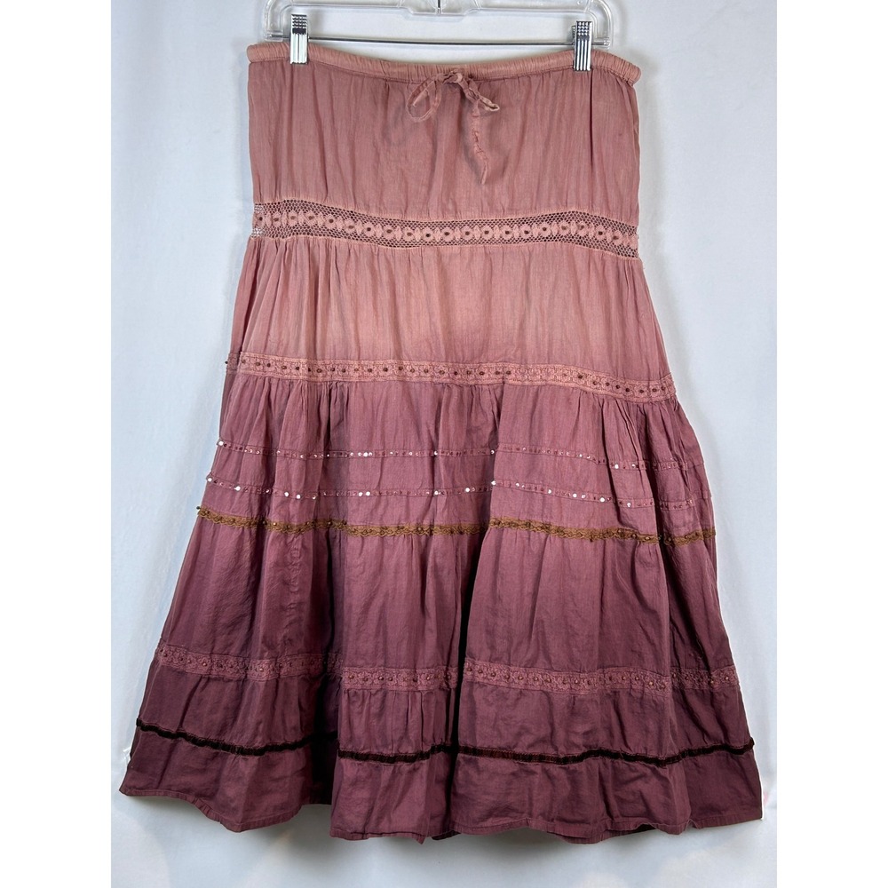 Angie Tiered Skirt Womens Medium Mauve Ombre Excellent Boho Sequin Lace Cotton